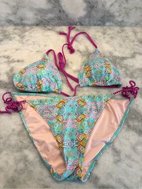 Victoria’s Secret Boho Tribal Bikini Set Teal Pink Size L Side Tie Halter